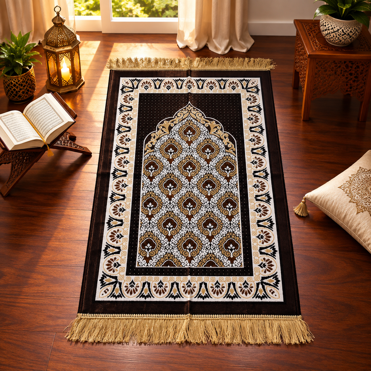 Brown Ornamental Geometric Janamaz – Premium Velvet Islamic Prayer Mat