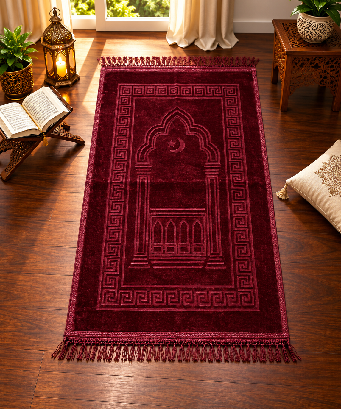 Premium Maroon Mehrab Janamaz – Velvet Islamic Prayer Mat with Geometric Border