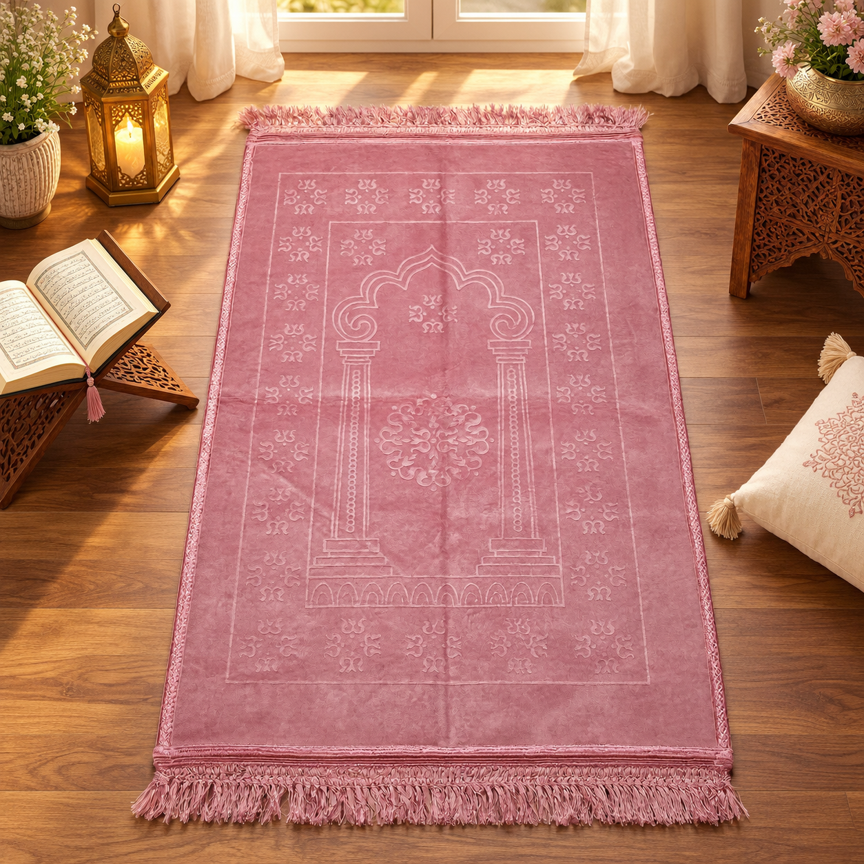 Premium Rose Pink Mehrab Janamaz – Soft Velvet Islamic Prayer Mat
