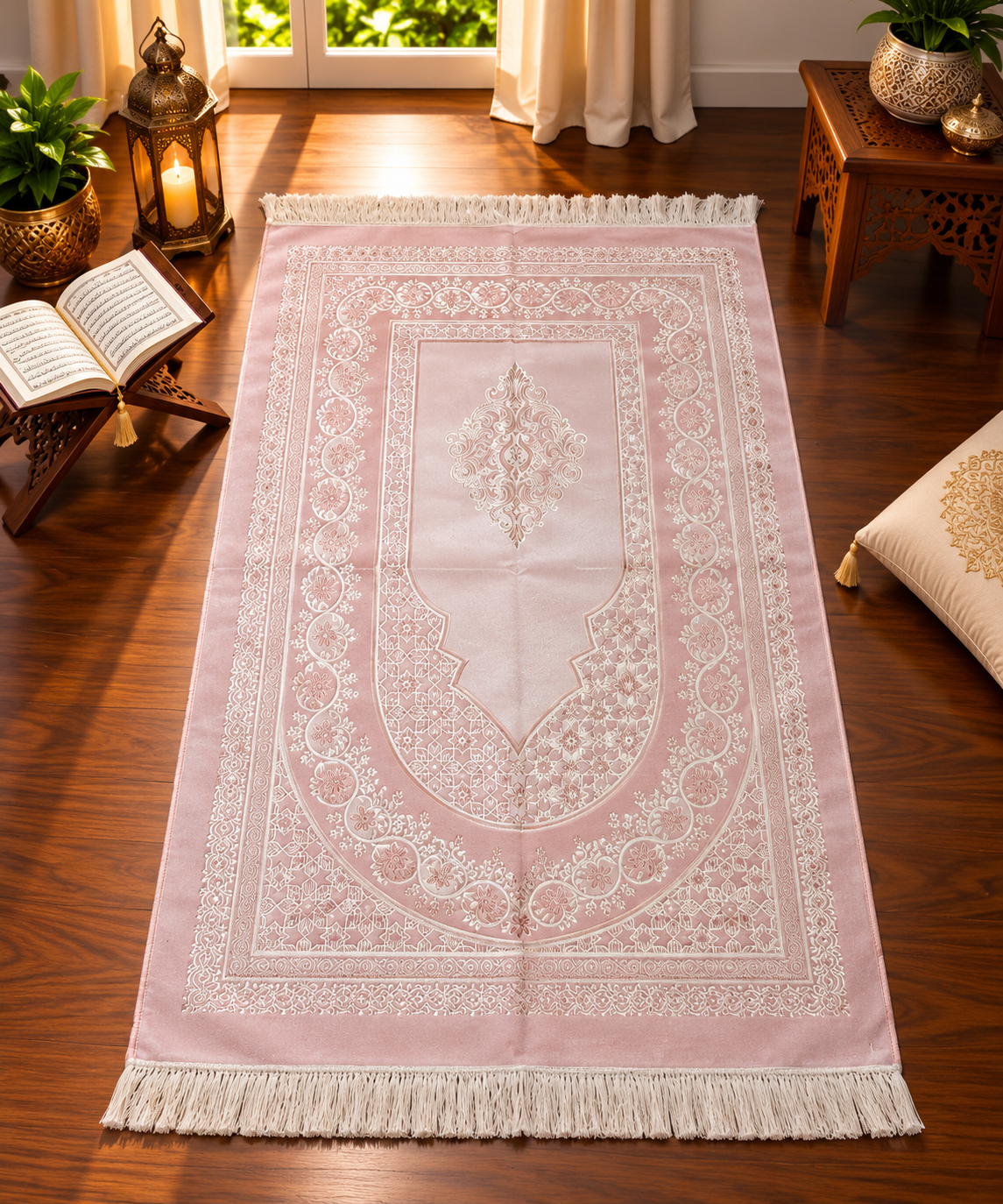 Sirya Pink Floral Mehrab Janamaz – Premium Pink & White Islamic Prayer Mat