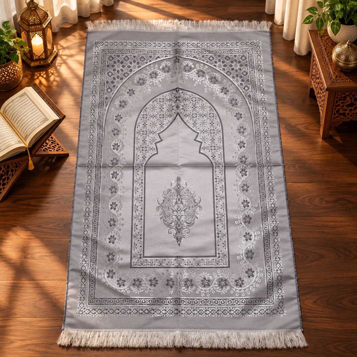 Sirya Silver Mehrab Janamaz – Premium Grey & White Islamic Prayer Mat