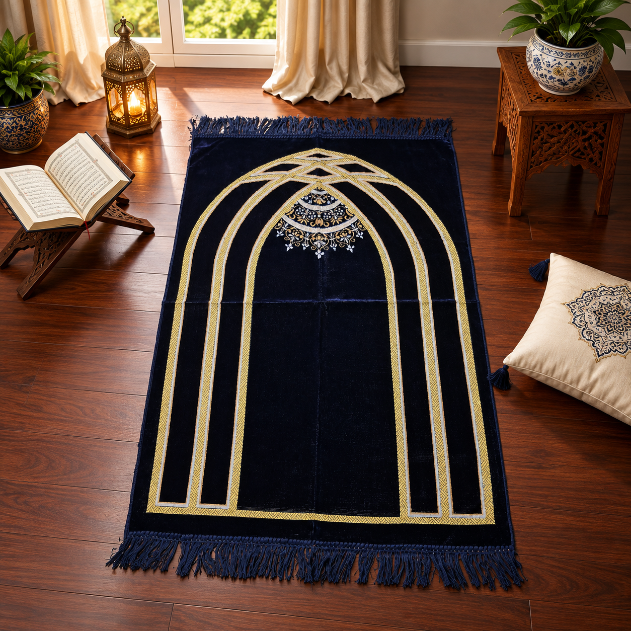 Shakira Navy Gold Janamaz – Premium Blue & Gold Islamic Prayer Mat