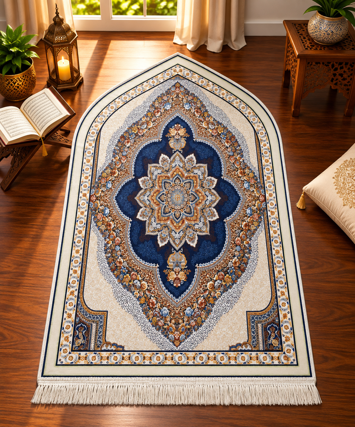 3D Dome Floral Janamaz – Premium Navy Blue & Cream Islamic Prayer Mat