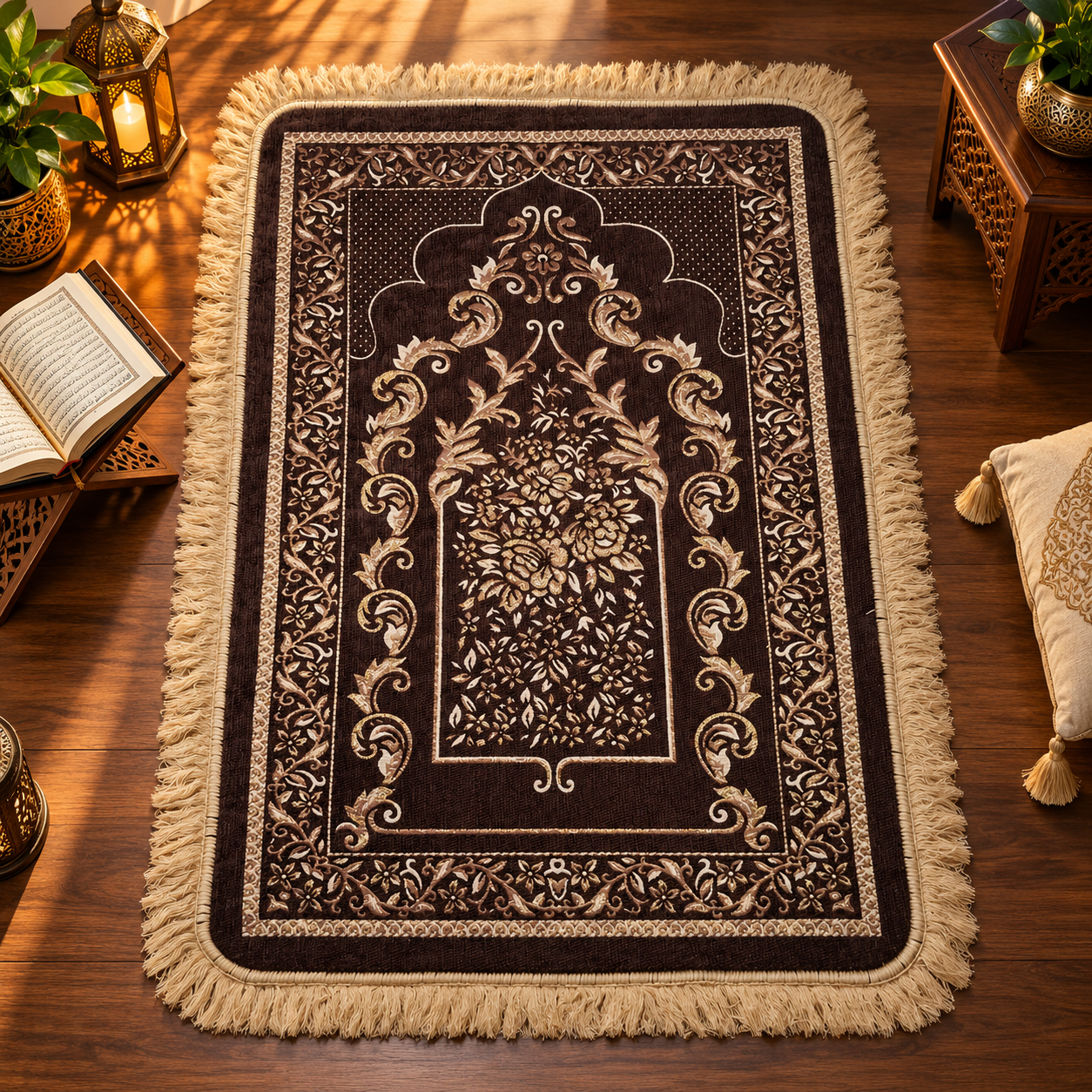 DRUV Jumbo Floral Janamaz – Premium Brown & Cream Islamic Prayer Mat