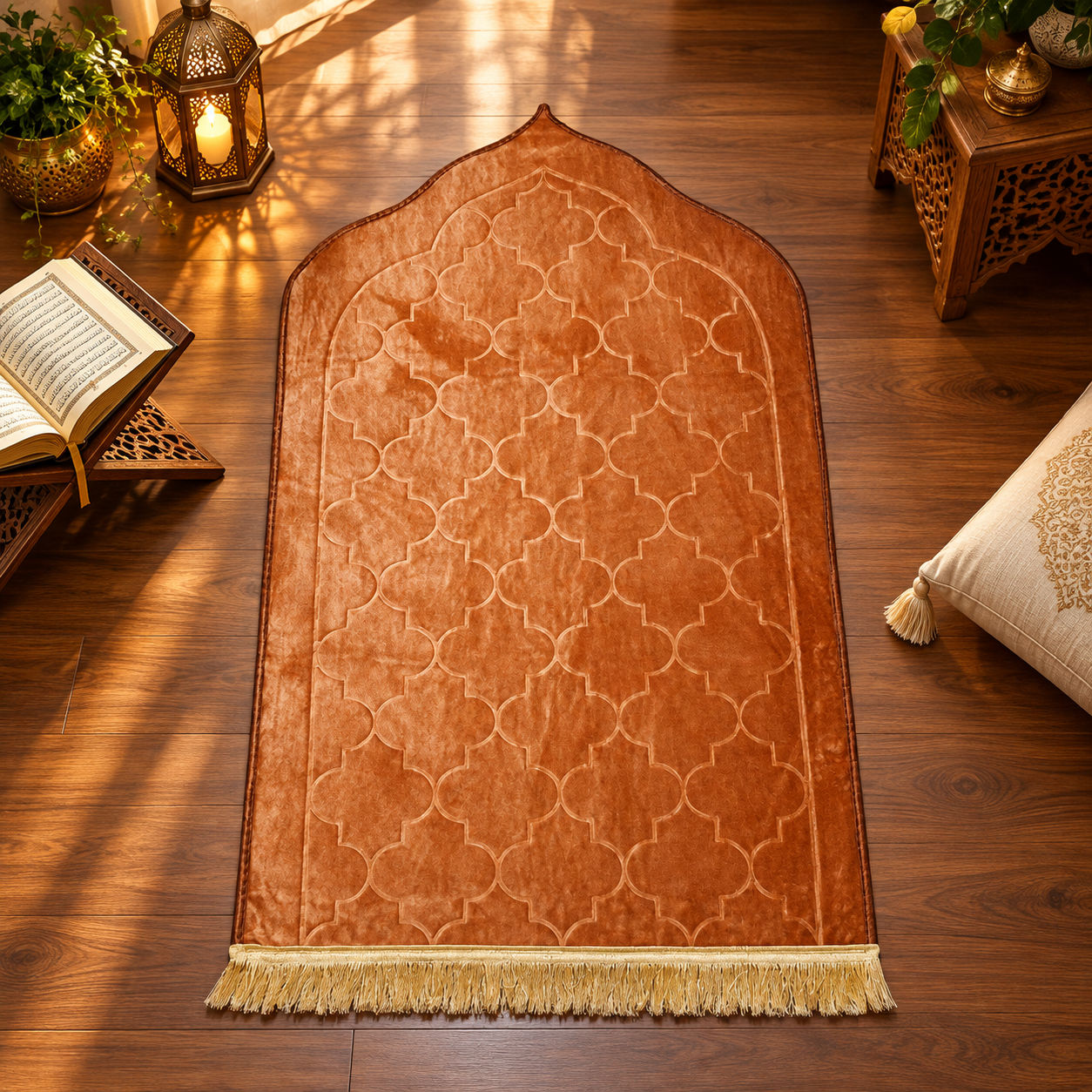 Domb Moroccan Arch Janamaz – Premium Brown Geometric Islamic Prayer Mat