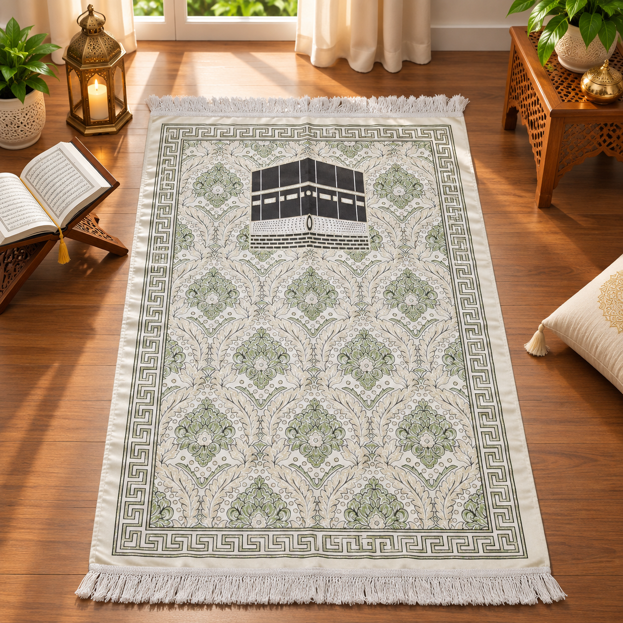 Sirya Kaaba Floral Janamaz – Premium White & Green Islamic Prayer Mat
