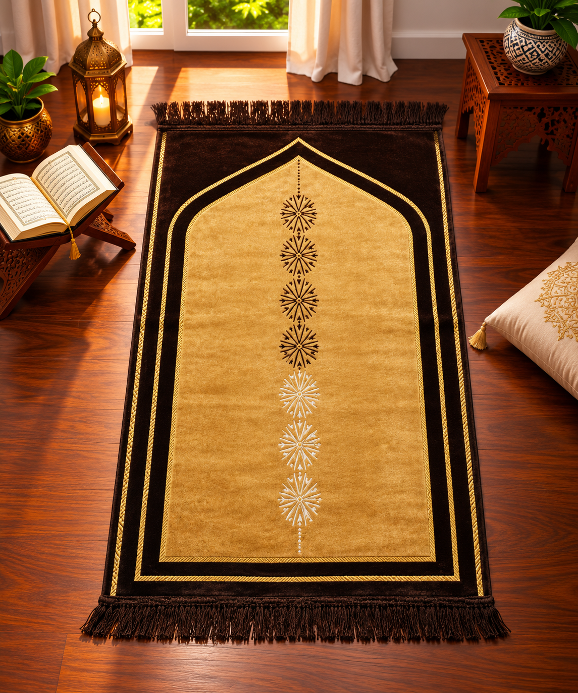 Shakira Gold Arch Janamaz – Premium Black & Gold Islamic Prayer Mat