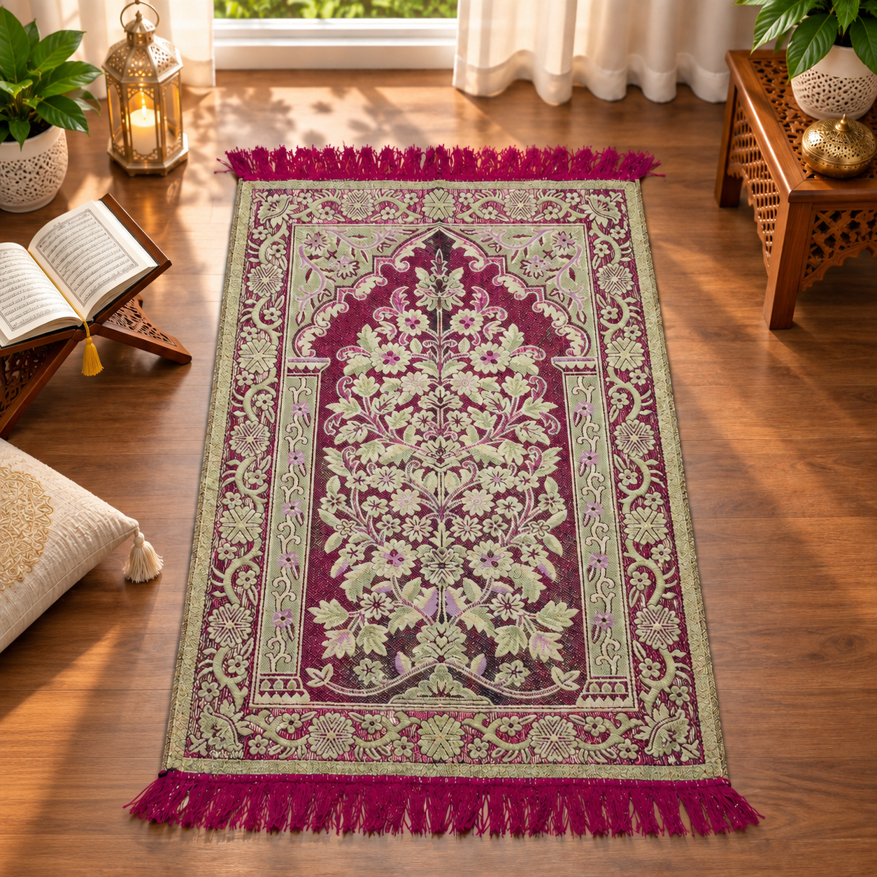 Supreme Floral Janamaz – Premium Pink & Cream Islamic Prayer Mat